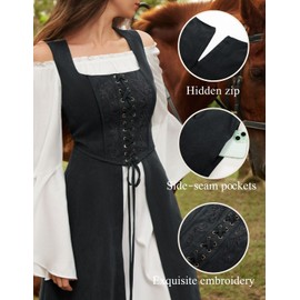 Scarlet Darkness Pirate Dress Women Peasant Renaissance Medieval Dress Lace Up Overdress with Pockets Black XL