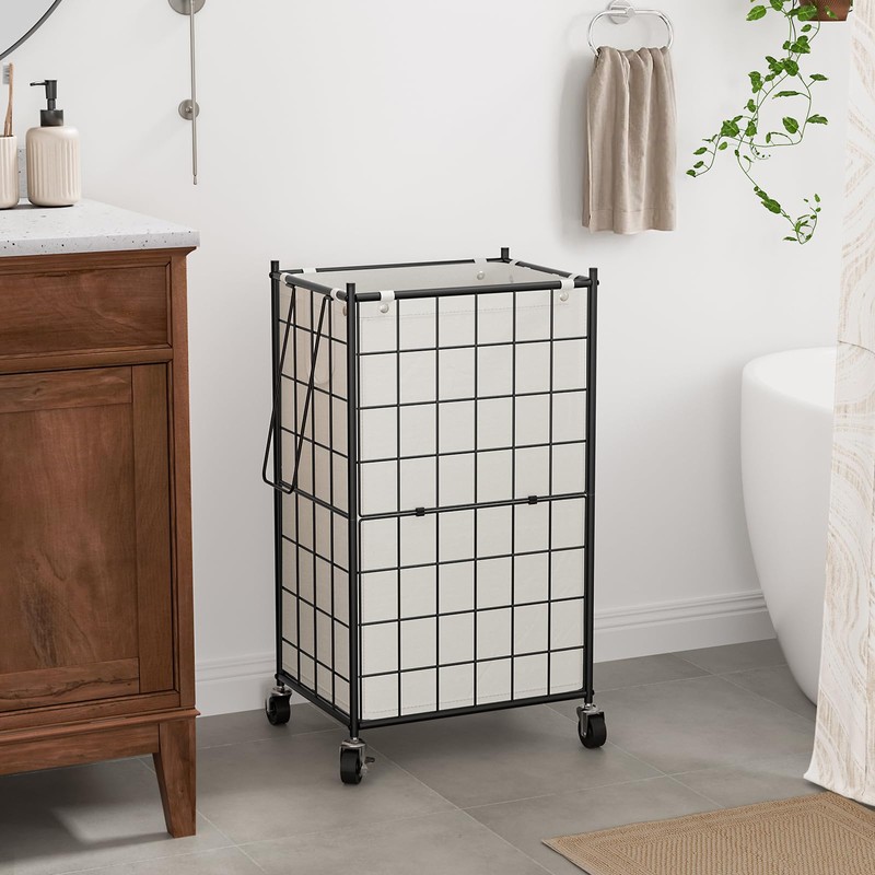 WOWLIVE Laundry Hamper with Wheels,Metal Wire Frame Rolling Laundry Basket