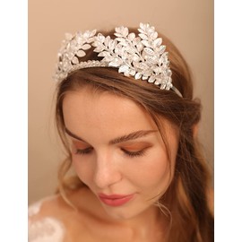 Jumwrit Wedding Tiara for Bride Rhinestone Leaf Wedding Crown Greek Goddess Headband Laurel Leaf Crown Wedding Headpiece Prom Festival Bridal Hair Accessories for Women and Girls(Silver)