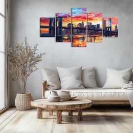 Kuiluuye 5 Pieces Large New York City Canvas Wall Art Manhattan Skyline at Night City Picture Modern Home Living Room Bedroom Office Wall Decoration Abstract Cityscape Wall Decor（50''W x 24''H）