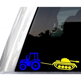 Tractor Towing Tank Decal, Ukraine Farmer Steals Russian Tank Sticker, H 3.5 by L 10 Inches, Blue and Yellow, Long Live Ukraine