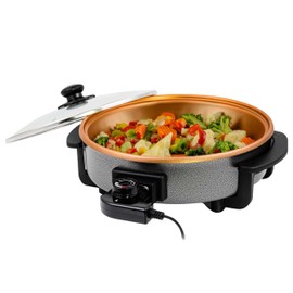 OVENTE 12 Inch Electric Skillet and Frying Pan with Nonstick Coating, 1400W Power, Adjustable Temperature Control, Tempered Glass Lid with Vent and Cool Touch Handles, Copper SK11112CO