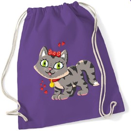 Gym Bag for Children, Small Cat with Heart Motif, Shoe Bag, Sports Backpack, Jute Bag for Drawstring for Girls and Boys, Fabric Bag with Cord for School, Nursery, Leisure, purple