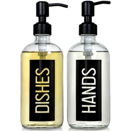 JASAI 2Pack 18OZ Glass Soap Dispenser with Black Stainless Steel Pump, Kitchen Soap Dispenser with Classy Black Hands & Dishes Label, Refillable Dish Soap Dispenser for Kitchen.(Blk with Blk Pump)