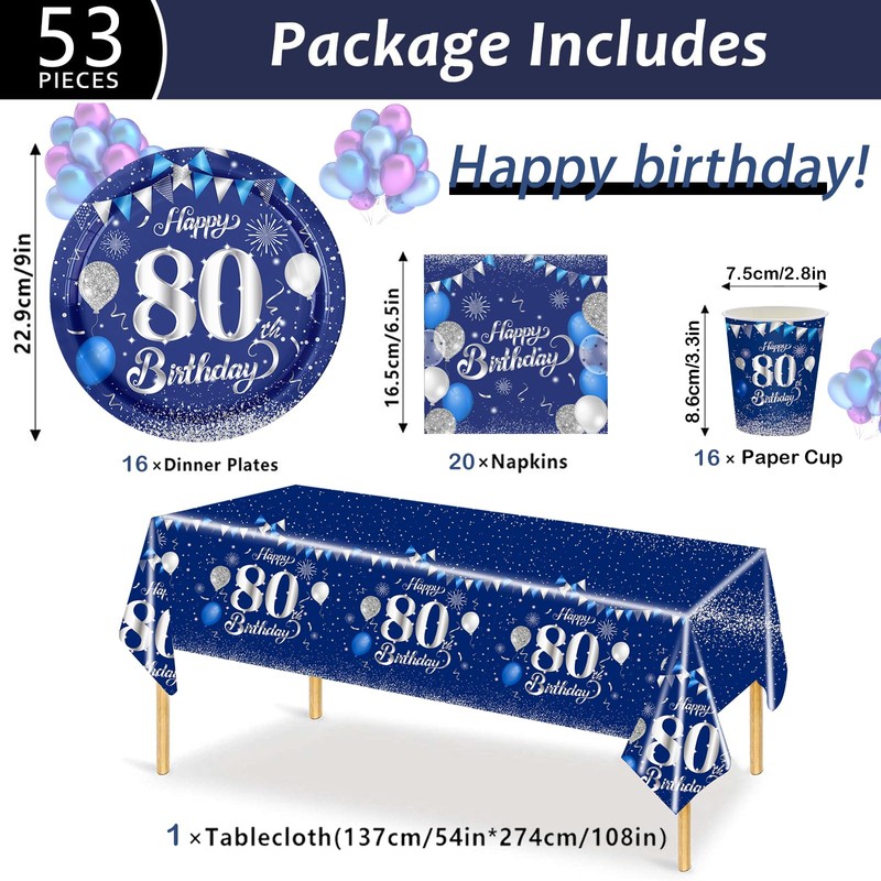 MORAINJAY 53Pcs Birthday Tableware Set for 80,Navy Blue Silver Tableware