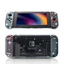 Switch Glitter Case, Switch Protective Case with Tempered Glass Screen Protector and Thumb Grip Caps - Black