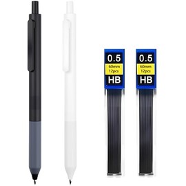 2 PZS Portaminas 0.5 mm, HB #2, Equipado con 24 Piezas Minas de Lápiz HB, Agarre Silicona para Mayor Comodidad y Control, Paquete de 2 (Blanco y Negro)