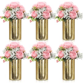 Suncalla 6 Sets Gold Cylinder Candle Vases Centerpiece with Flower for Table Artificial Peony with Baby's Breath Flowers Hurricane Candle Holder Mason Jars for Wedding Bridal Shower(Pink)