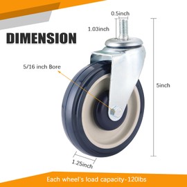 FLKQC 8 Pack 5" Shopping Cart Replacement Wheels Kit, Double Ball Bearing TPU Silent Wheels for Supermarket Carts, Cart Wheels Set with Hardware- 5 Inch Stem Threaded Caster Wheels (Blue)