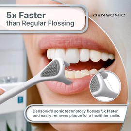 DENSONIC Electric Flosser Kit with Tongue Scraper | No Water, No Mess | Easy Gliding Dental Floss for Gentle Gum Care | Cordless Sonic Power | 50 Replaceable Heads [Glacier White]
