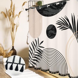 GiuMsi Boho Mid Century Leaf Shower Curtain Set,Arch Sun Design,Minimalistic Leaves Pattern,Waterproof and Luxurious Fabric-12 Hooks(Black and White-72" x 72")
