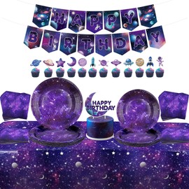 Galaxy Theme Party Decorations, Space Galaxy Birthday Party Supplies, Including Banner, Plates, Napkins, Tablecloth, Galaxy Outer Space Party Decorations Tableware for kids, Serves 20
