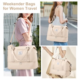 Travel Duffel Bag, Sports Gym Tote Bag for Women, Carry on Luggage Bag for Airplanes, Lightweight Weekender Overnight Shoulder Bag Waterproof Beach Hospital Bag with Shoes Compartment,A5-Beige