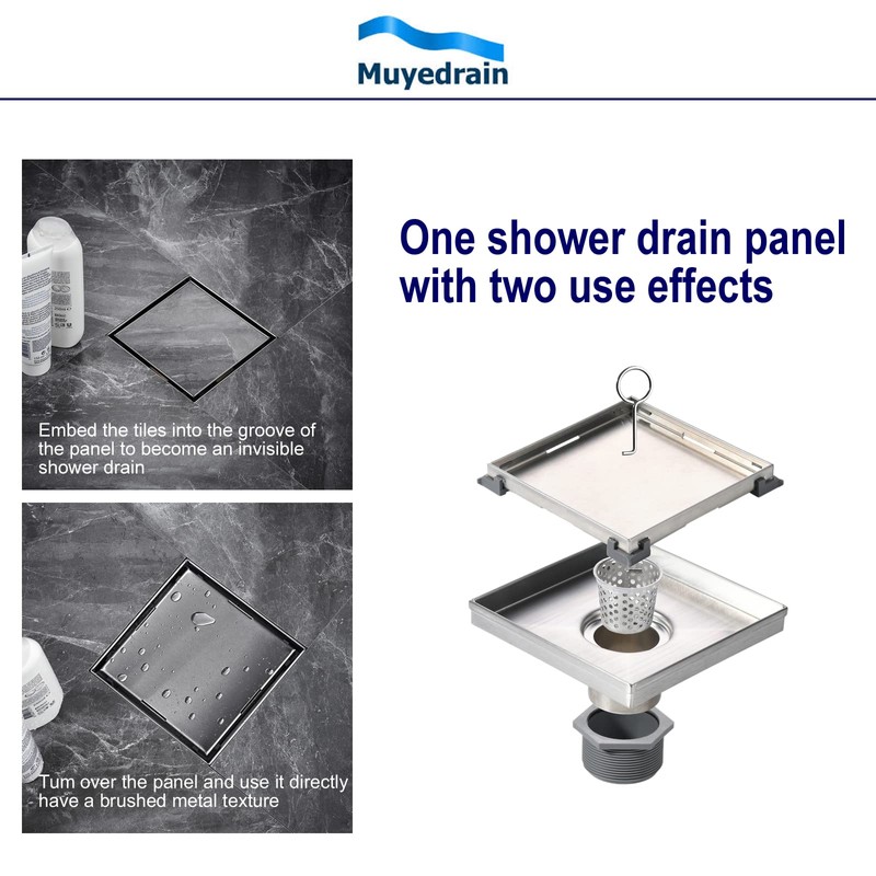 Square Shower Drain with Removable Tile Insert Grate, 8-Inch, Brushed