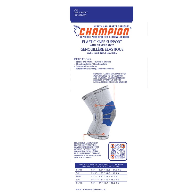 Champion Elastic Knee Support Compression Sleeve, with Flexible Stays, Gray