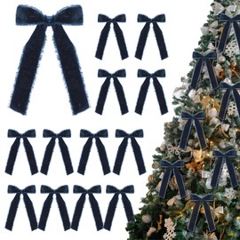 Suncalla 12 Pcs Frayed Velvet Bows Christmas Ornaments Tree Vintage Frayed Crushed Velvet Ribbon Bows for Tree Garland Wreath Indoor Outdoor Xmas Decorations (Navy Blue)