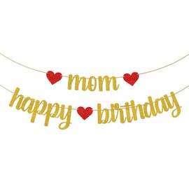 Mom Happy Birthday Banner, Cheers to Monther's Birthday Party Decorations Decors, Women's Birthday / Annversary Party Supplies, Gold&Red Glitter