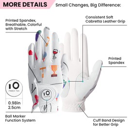 FINGER TEN Golf Gloves Women Left Right Hand Leather with Ball Marker Value Pack, Colored Glove for Ladies Right Left Handed Golfer All Weather Grip (Full-Golf Party, X-Small, Left)