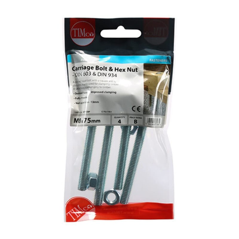 Timco Carriage Bolt & Hex Nut - BZP - 8