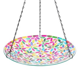 MUMTOP Mosaic Hanging Bird Bath-Bird Baths for Outdoors - 12 Inch Glass Birdbath Bird Water Bowl Bird Feeders for Outside, Garden, Lawn Yard Decor（Colorful Flower）