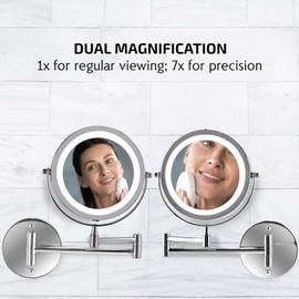 Ovente 7" Lighted Wall Mount Makeup Mirror, 1X & 7X Magnifier, Adjustable Double Sided Round LED, Extend, Retractable & Folding Arm, Compact & Cordless, Battery Powered Nickel Brushed MFW70BR1X7X