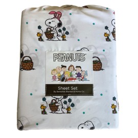 Berkshire Blanket Peanuts Easter Sheet Set, Easter Bunny Snuggles & Pink Bunny Ears with Easter Basket - White with Teal Polka Dots, Queen