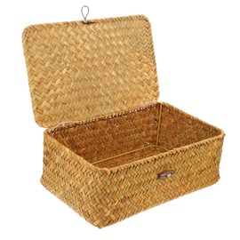 Zerodeko Woven Seagrass Storage Box for Sundries Multi-Purpose Organizer Lid for Use Vintage Craft Box for Desktop Accessories and Keepsakes