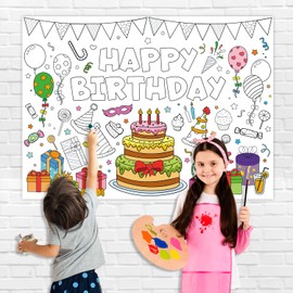 43.3x31.5" Happy Birthday Coloring Poster with Picture, Giant Birthday Gift Painting Poster, Large Coloring Tablecloth for Classroom Home Birthday Party Supplies Favor