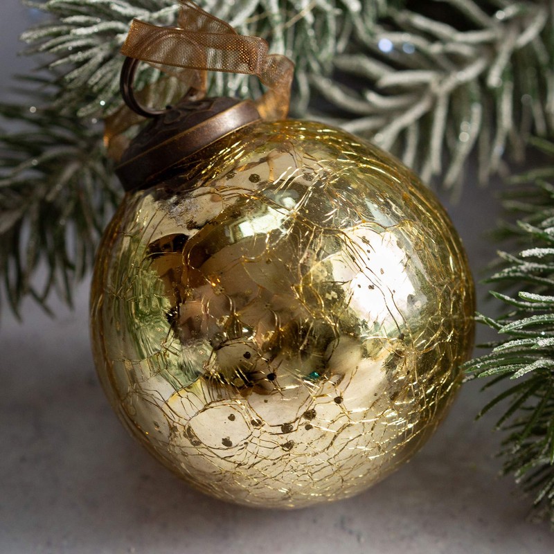 Aurora Christmas Glass Crackle Ball Christmas Bauble, Gold, 3"