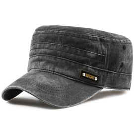 MESU Unisex Washed Cotton Military Hats Cadet Army Caps Vintage Flat Top Cap A Black