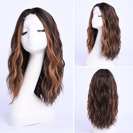 YaissmyLu Brown with Highlight Medium Length Wigs for Women Dark Brown Mixed Gold Wig Middle Part Synthetic Hair Wigs Wavy Natural Hair for Daily Party Use Colourful Wig