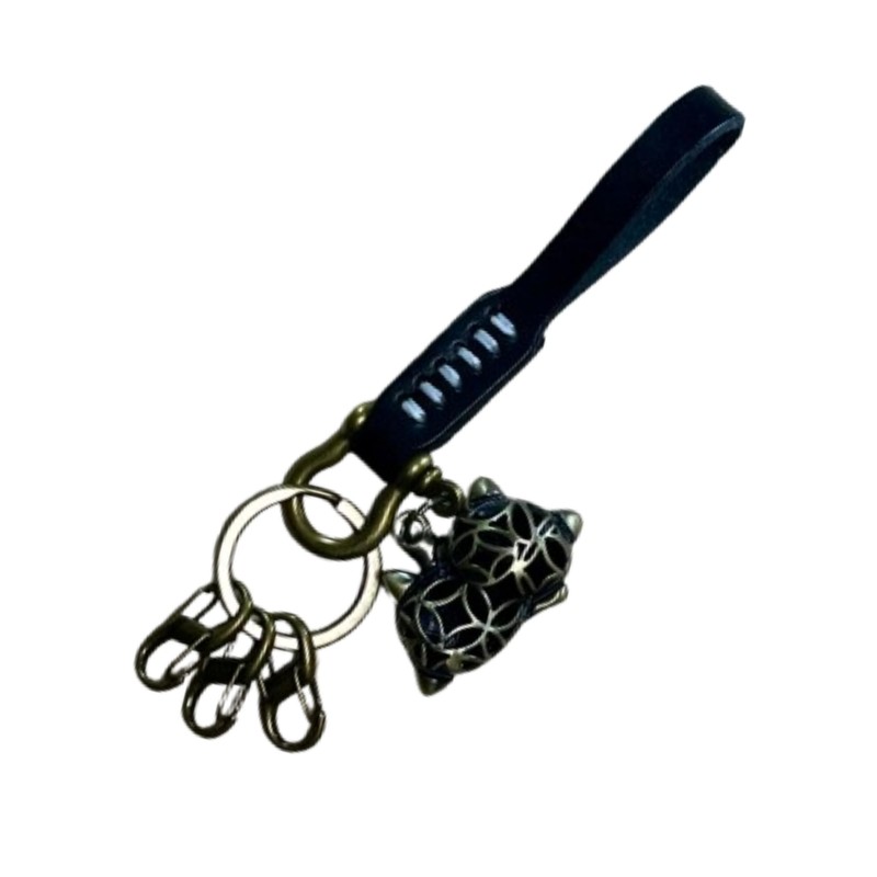 [Cowshoo] キーホルダー キーリング 革 S字フック 3本 招き猫チャーム付き 幸運 開運デザイン メンズ