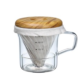 ATHIA Glass Pour Over Coffee Dripper Set, Glass Cone Dripper, Reusable Cloth Filter, Leather Cup Sleeve, Minimal Single Cup SET, for outdoor, office or at home (Olive Wood)