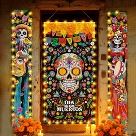 VitalCozy 3 piezas de letrero para el Día de los Muertos con luces LED para decoración de puerta mexicana, diseño de calavera de azúcar para fiesta de