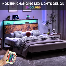 GarveeHome Queen Size Headboard, Headboard with 2 Outlets, LED Lights and USB Ports, Adjustable Height, Storage Rack, Sturdy and Stable, Easy Assembly, Rustic Brown and Black