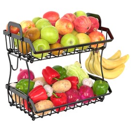 CHLORYARD 2 Tier Fruit Basket for Kitchen, Countertop Fruit Bowl Stand Vegetable Storage Basket with 2 Banana Hangers, Wall Mounted Metal Wire Basket Organizer for Bread Snack Potato Onion, Black