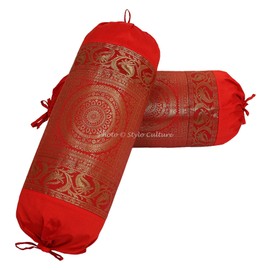 Stylo Culture Traditional Polydupion Cylindrical Hotdog Decorative Bolster Pillow Covers Red Mandala Jacquard Brocade Weave Large Settee Cylinder Cushion Covers (Set of 2) | 30x15 Inches (76x38 cm)