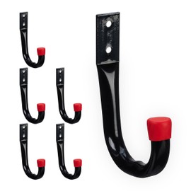 Relaxdays Wall Hooks, Set of 6, Universal Hooks for Garden Tools, Tool Wall Bracket, Steel, Each up to 18 kg, Black/Red