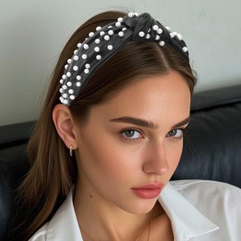 YISSION Pearl Knotted Headband Non Slip Leather Beaded Headbands for women Wide Jeweled Embellished Hairband Black Headband Hair Accessories for Women Girls (White Pearl)