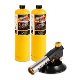 KOOKCOOK Propane Torch Head Kit with 2x MAPP Gas Tank,4-Flame Blow Torch Head Trigger Start Propane Torch with Igniter MAP Gas Torch Grill Gun on 1-lb Propane Tank Holder for Soldering Brazing Cooking