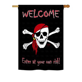 Breeze Decor H107045 Enter at Your own Risk Coastal Pirate Decorative Vertical House Flag, 28" x 40", Multicolor