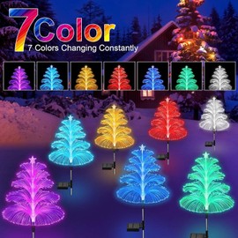 3PCS Solar Christmas Trees Lights Outdoor Waterproof Jellyfish Lights 5 Layer Optical Fiber 7 Color Changing for Pathway Lawn Patio Decorations