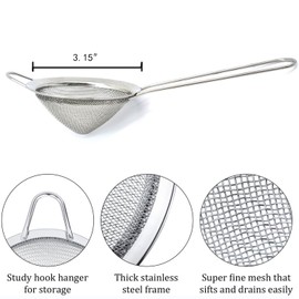 Timkumon Fine Mesh Strainers, Small Stainless Steel Cone Strainer for Kitchen, Baking Tools Colander, Flour Sifter, Conical Food Strainer Tea Strainer Coffee Strainer with Long Handle 3.15inch