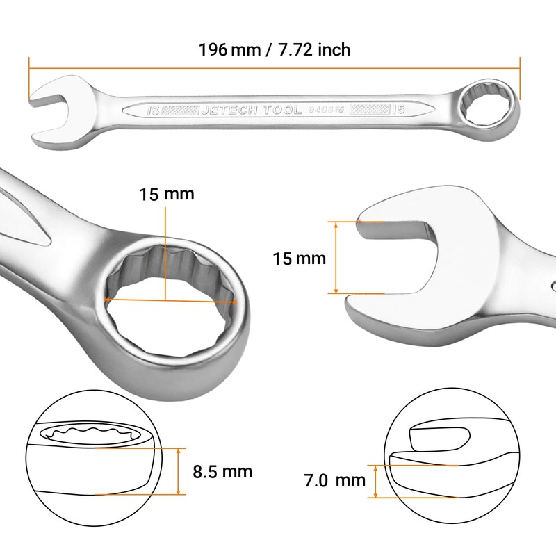Jetech 15mm Combination Wrench, Metric 12-Point Chrome Vanadium Steel Spanner,