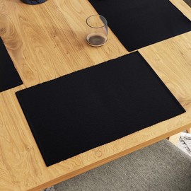 Encasa Ribbed Cotton Placemats (Set of 6), Deep Black, 48 x 33 cm, Over 20 Modern Colours and Woven Designs Washable Fabric Placemats