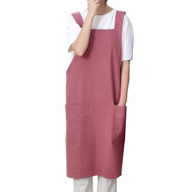 Pincy Cotton Linen Apron for Women - No Ties Cross Back Apron with Pockets Ideal for Florists, Cafes and Kitchen, 22-Burgund