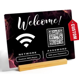 Custom WiFi Password Sign with QR Code & Wooden Base for Guests, Business, Home Décor & Events