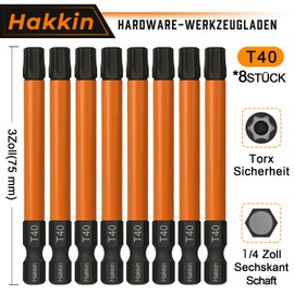 Hakkin 8 Piece T40 Torx Screwdriver Set 1/4 Inch 75 mm Long Torx Bits Set Magnetic Star Screwdriver with Hole S2 Steel Hexagonal Screwdriver Bit Sets for Impact Wrenches Cordless Screwdriver