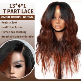 YUPEWG Synthetic 13x4x1 Lace Front Wig for Women Ombre Auburn Natural Wavy Wig HD Glueless Pre Plucked Ready to Wear Long Middle Part