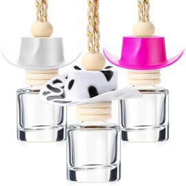 Swiffen 3 Pieces Cowboy Hat Car Air Freshener Hanging Cow Print Diffuser Bottles Western Country Refillable Empty Glass Perfume Bottle Car Interior Rear View Mirror Accessories (White, Spots, Pink)